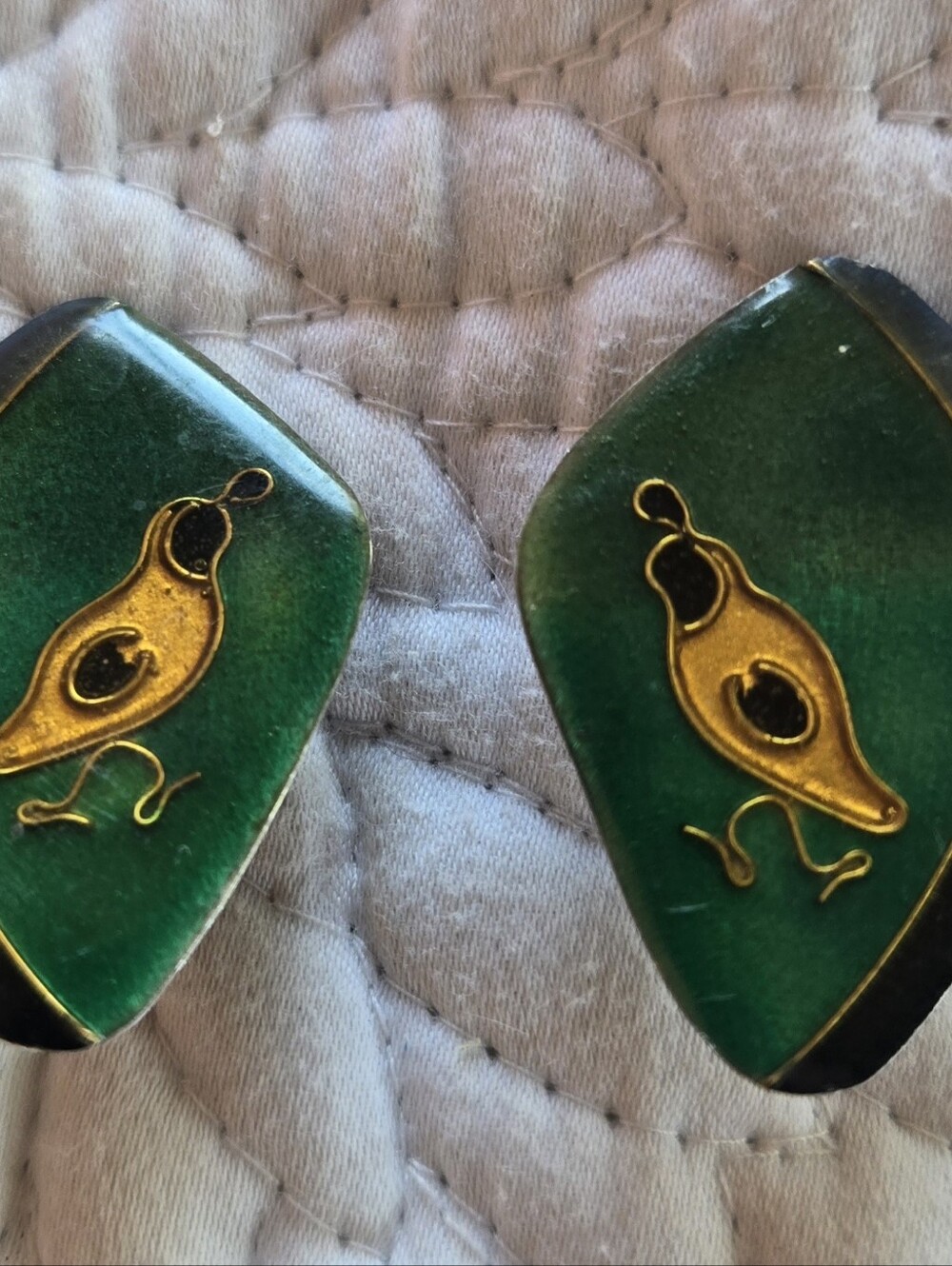 Vintage Two Pair Clip Enamel Earrings - Green and Gold Quail Screw On Yellow Op